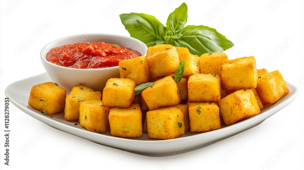 Crispy Polenta Cubes, Tomato Sauce, Basil Garnish, Italian Food. Generative Ai. Crispy Polenta Cubes, Tomato Sauce, Basil Garnish, Italian Food. Generative Ai.