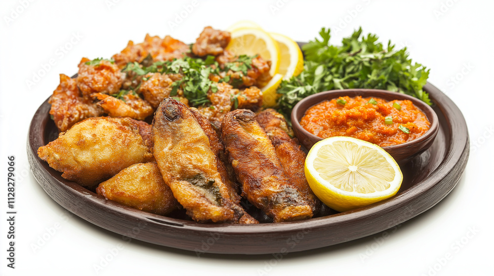 Delicious Fried Fish, Shrimp, and Spicy Sauce Platter. Generative Ai. Delicious Fried Fish, Shrimp, and Spicy Sauce Platter. Generative Ai.
