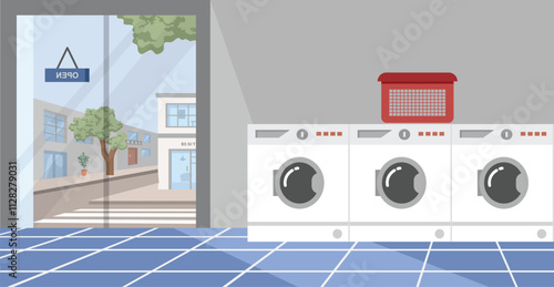 Laundry store illustration. Laundry room. Washing room. Washing machine. Modern store. Building. Laundry service.