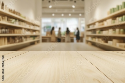 clean and minimalist retail shop interior with eco-friendly products on wooden shelves and blurred customers browsing photo