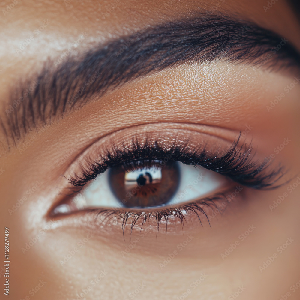Obraz premium A close-up shot of a woman's eye as she applies mascara to her eyelashes