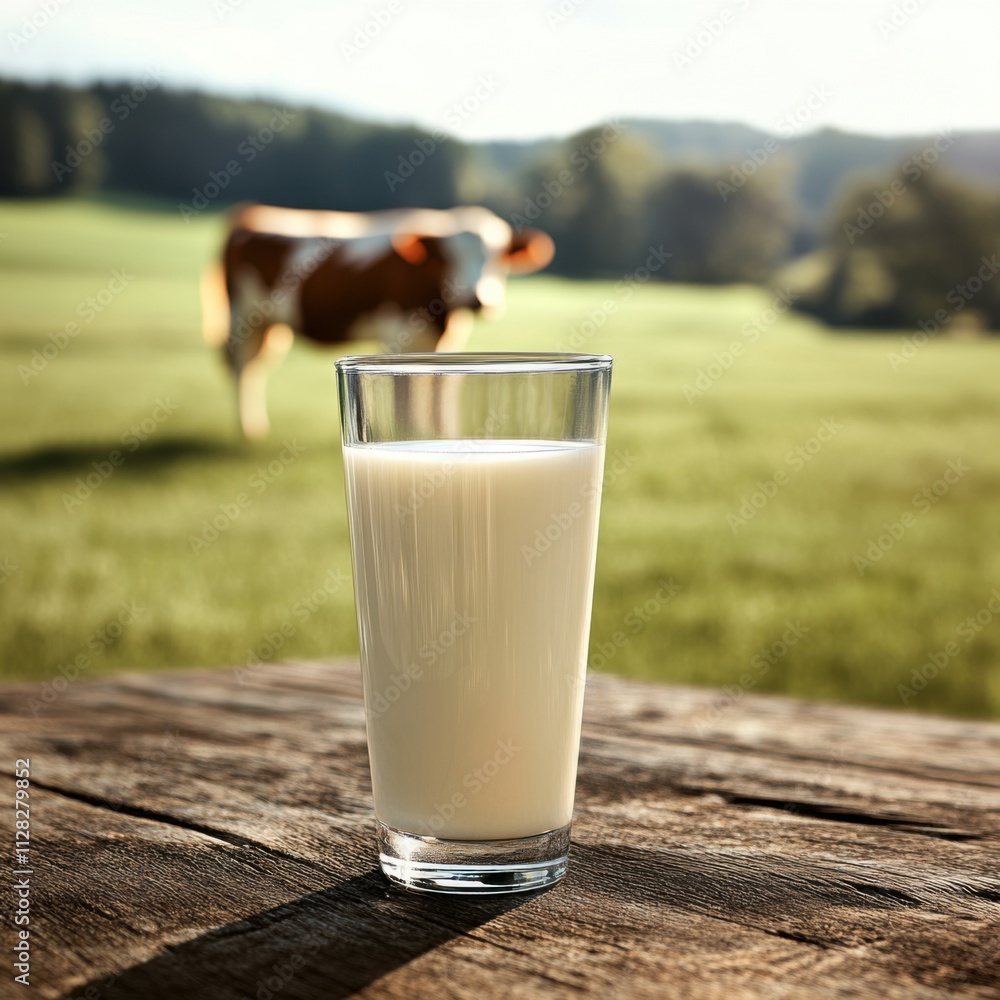 concept featuring a clean, crystal-clear glass filled with fresh milk, placed on a rustic wooden table concept featuring a clean, crystal-clear glass filled with fresh milk, placed on a rustic wooden table