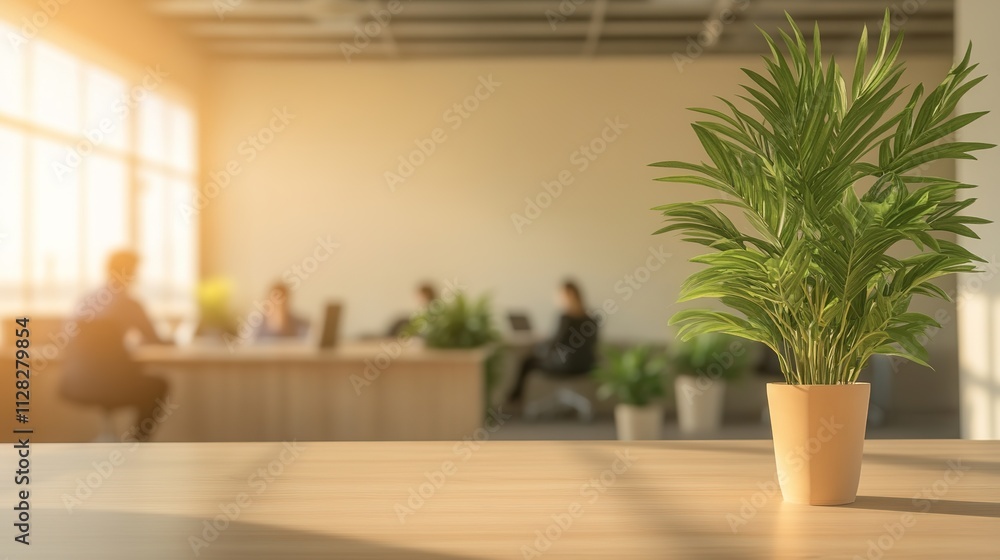 clean office space with eco-friendly furniture and potted plants with blurred employees working collaboratively in clean office space with eco-friendly furniture and potted plants with blurred employees working collaboratively in
