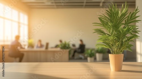 clean office space with eco-friendly furniture and potted plants with blurred employees working collaboratively in