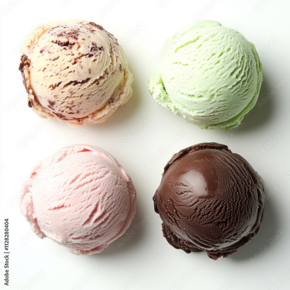 Four isolated scoops of ice cream arranged side by side on a clean white background