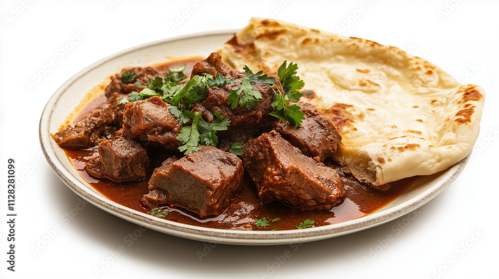 Delicious Indian Beef Curry with Naan Bread, Cilantro Garnish. Generative Ai. Delicious Indian Beef Curry with Naan Bread, Cilantro Garnish. Generative Ai.