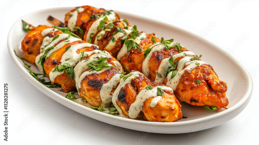 Grilled Chicken Skewers with Creamy Sauce, Parsley Garnish. Generative Ai. Grilled Chicken Skewers with Creamy Sauce, Parsley Garnish. Generative Ai.