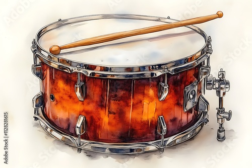A watercolor wooden snare drum with wooden stick on a abstract effect