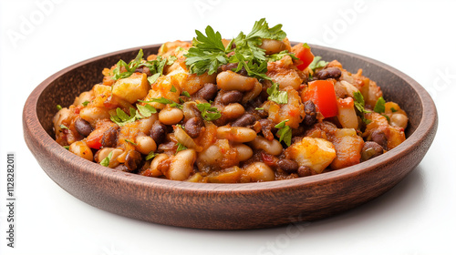 Delicious Bean Stew Potatoes, Parsley, Spices in Wooden Bowl. Generative Ai.