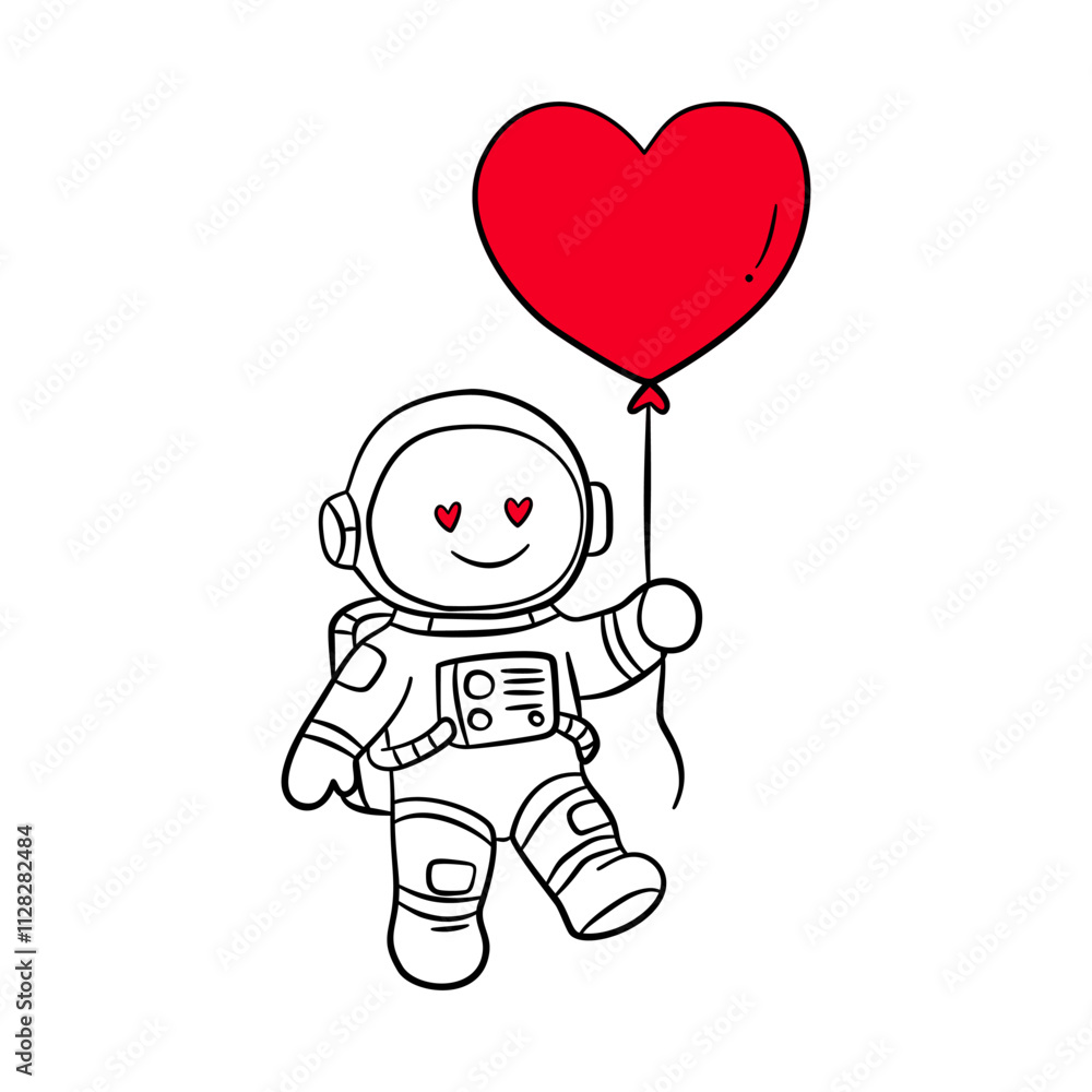 Astronaut Holding Heart Balloon Line Hand drawn Design Astronaut Holding Heart Balloon Line Hand drawn Design