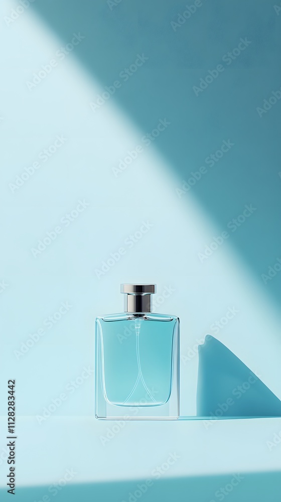 Perfume bottle on blue background with shadows. Minimal style. Perfume bottle on blue background with shadows. Minimal style.