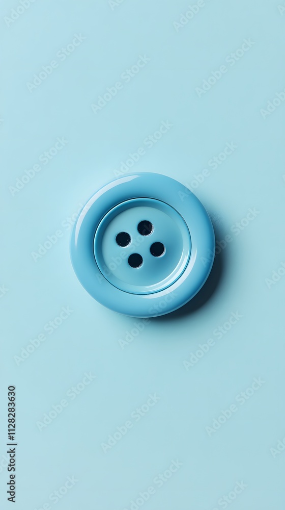 Blue button isolated on blue background. Flat lay, top view. Blue button isolated on blue background. Flat lay, top view.