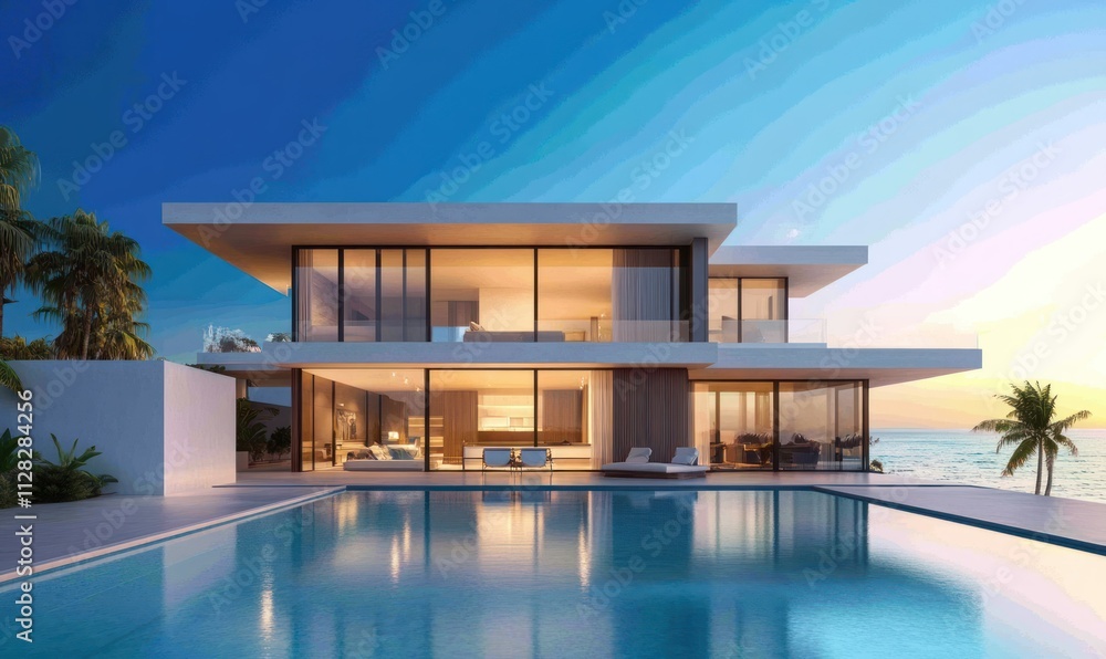 Fototapeta premium Modern villa with expansive glass windows and infinity pool overlooking the sea, illuminated by warm evening light