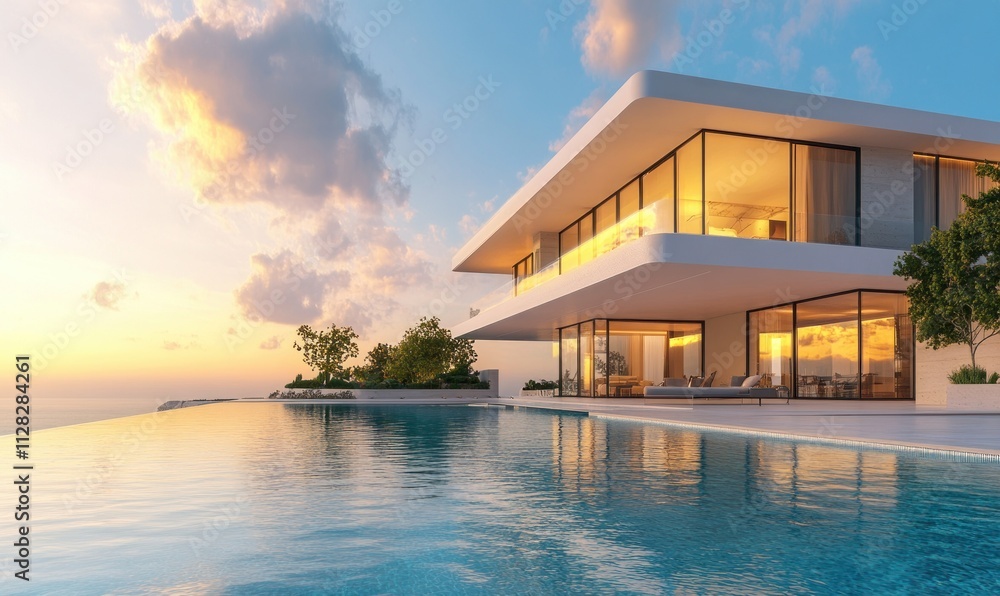 Modern villa with expansive glass windows and infinity pool overlooking the sea, illuminated by warm evening light Modern villa with expansive glass windows and infinity pool overlooking the sea, illuminated by warm evening light