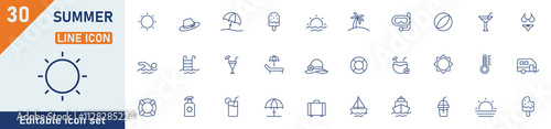 Summer line icon set. Set of 30 outline icons related to summer, holidays, tourism, beach, summer holidays, vacation and others. Editable stroke. Vector illustration.
