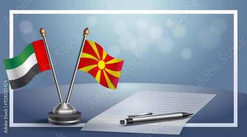 United Arab Emirate and Macedonia National flags on small table with bokeh background, cooperative relationship