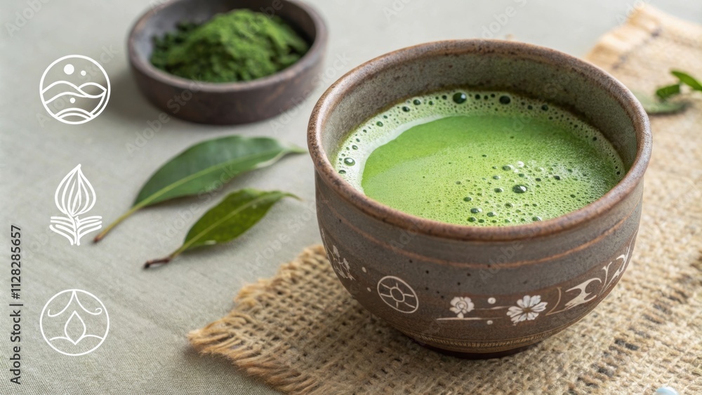 A closeup shot of a rustic clay teacup b with bright green tea. The surface of the beverage reflects soft light featuring tiny bubbles. Scattered around the cup are A closeup shot of a rustic clay teacup b with bright green tea. The surface of the beverage reflects soft light featuring tiny bubbles. Scattered around the cup are