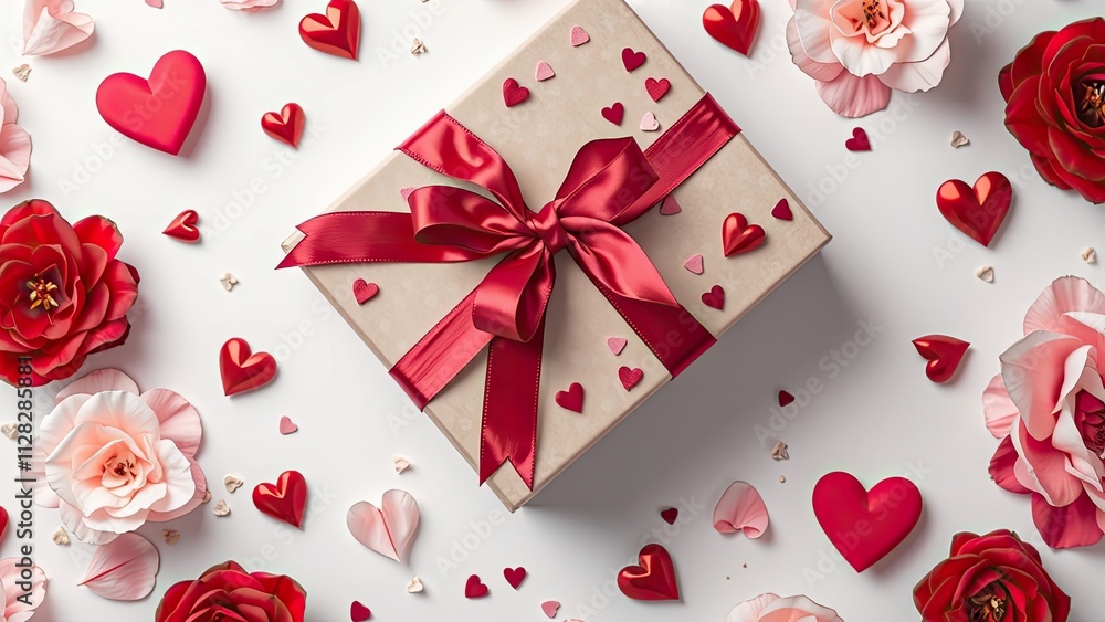 Valentine's Day gift box surrounded by red and pink hearts and roses. Valentine's Day gift box surrounded by red and pink hearts and roses.