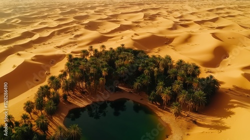 Aerial View of a Serene Oasis Surrounded by Golden Sand Dunes and Lush Palm Trees