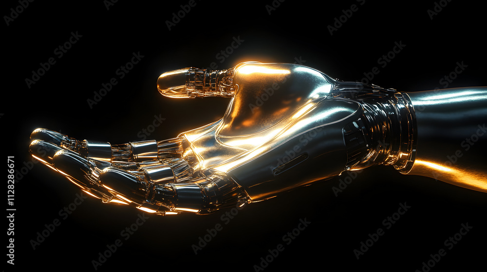 Naklejka premium A futuristic robotic hand with a metallic finish, showcasing advanced technology and design.