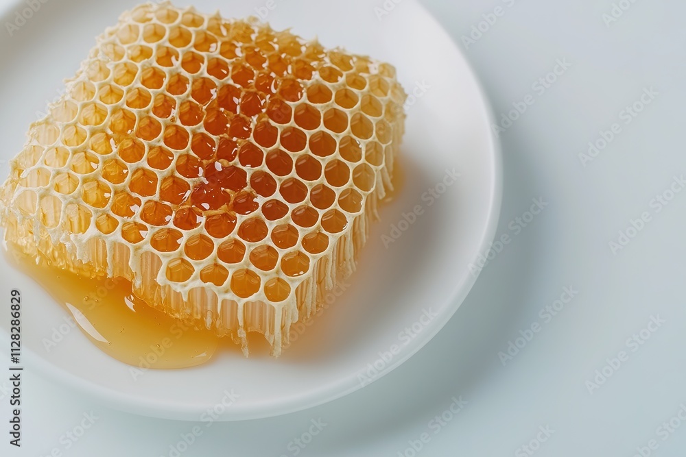 single honeycomb piece placed on white plate with drizzle of honey on seamless white surface single honeycomb piece placed on white plate with drizzle of honey on seamless white surface