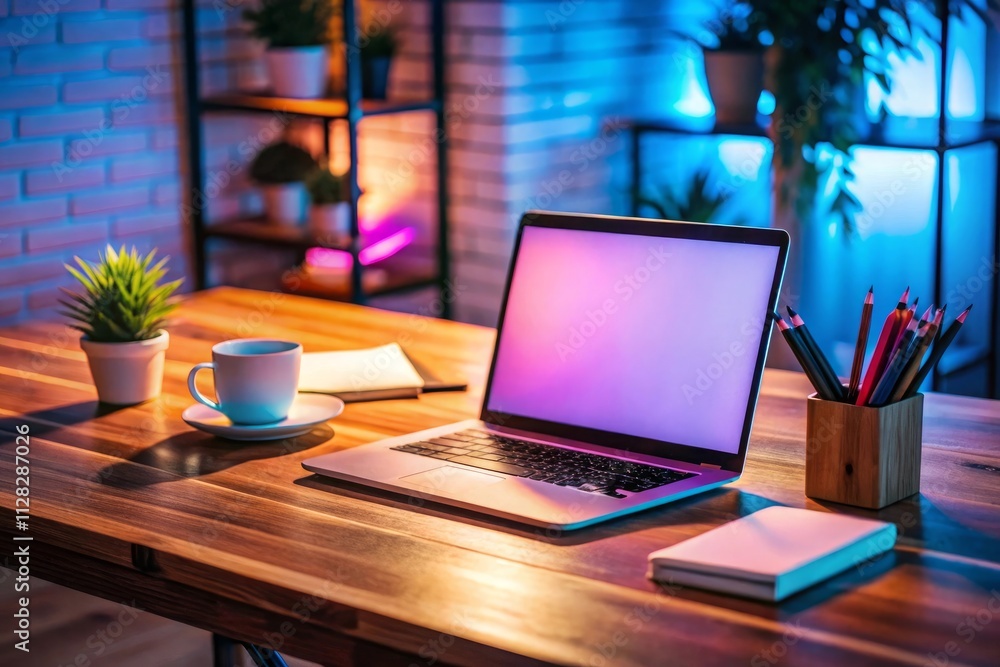 A computer screen with a picture of a laptop and a mug of coffee A computer screen with a picture of a laptop and a mug of coffee