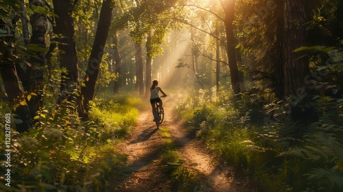 A young person cycling through a dense forest with sunlight streaming through the trees, The cyclist occupies one-third to one-half of the image
