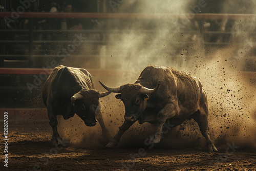 Selective focus fighting bull in ranch farming, Aggressive bull in fighting field, Bull fighting in dirt field. photo