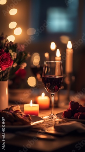 Romantic dinner setting with wine, candles, and flowers for a special Valentine's Day