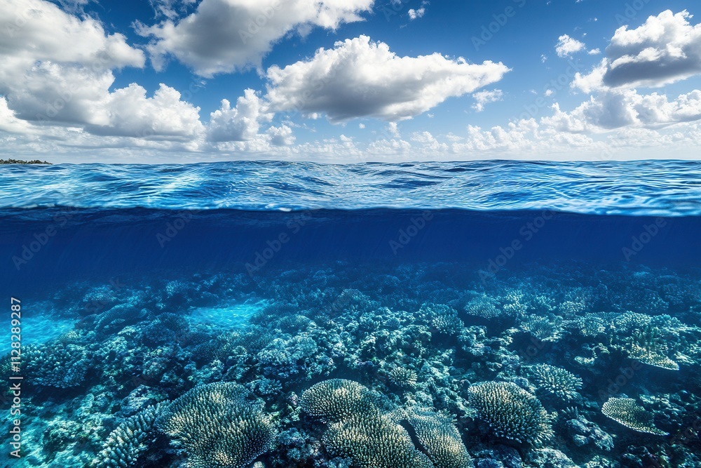 Fototapeta premium Underwater coral reef with clear blue ocean above.