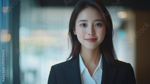 Happy young Asian saleswoman looking at camera welcoming client. Smiling woman executive manager  secretary offering professional business services holding digital tablet standing in office.