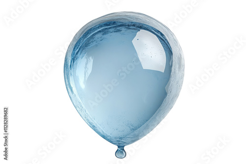 Clear water balloon suspended with a small drop forming at the base of the balloon photo