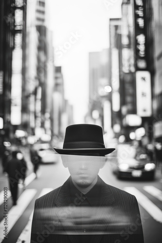 This atmospheric black-and-white image depicts a mysterious man in a hat, blending with an urban landscape, creating an intriguing sense of anonymity and modernity.