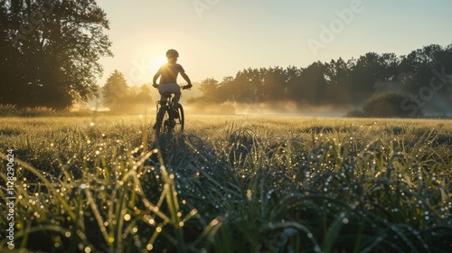 A young person cycling through a meadow at dawn, with dew-covered grass and the first light of day breaking through photo