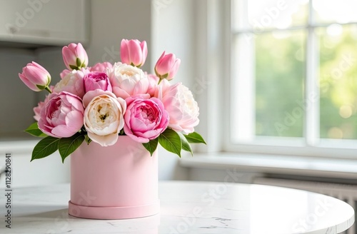 Romantic bouquet of pink peonies in a box against a light interior and a large window. Space for text. Ideal for advertising flower shop delivery, congratulations