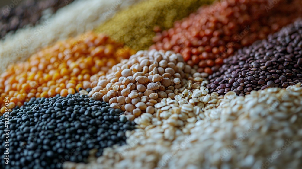 Vibrant collection of assorted legumes and grains arranged in a visually striking pattern, showcasing their nutritional benefits and variety found in global cuisines Vibrant collection of assorted legumes and grains arranged in a visually striking pattern, showcasing their nutritional benefits and variety found in global cuisines