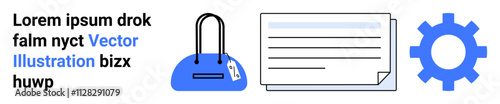 Blue handbag with tag, document with lines, blue gear icon, sample text in black and blue. Ideal for business, e-commerce, documentation, technology, shopping organization and design themes