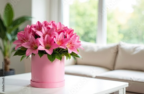 Romantic bouquet of pink alsemerias in a box against the background of a light interior and a large window. Space for text. Ideal for advertising flower shop delivery, congratulations photo