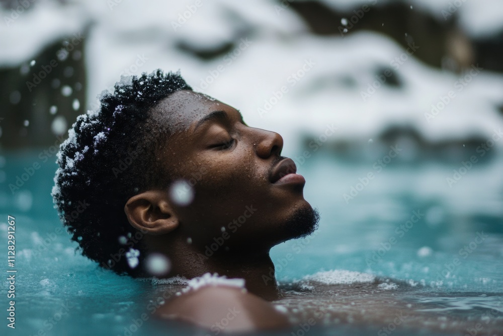 Man relaxing in hot spring in snowing winter Man relaxing in hot spring in snowing winter