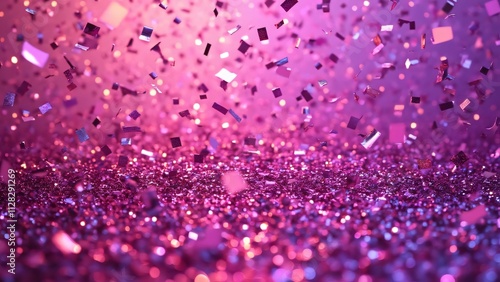 Vibrant Pink Holographic Background with Iridescent Glows and Swirling Purple Confetti, Festive Masquerade Party Celebration
