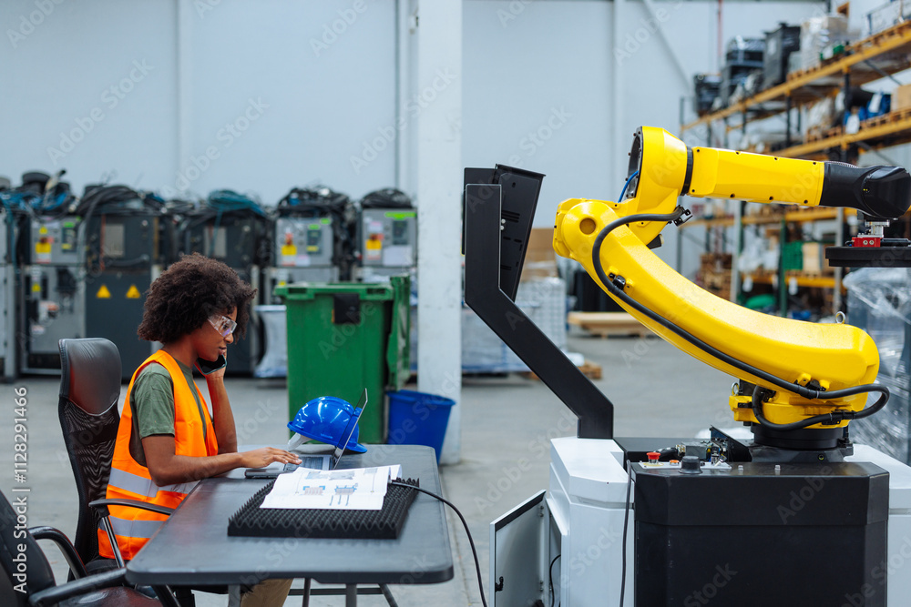 Female engineer programming robotic arm in factory using laptop Female engineer programming robotic arm in factory using laptop