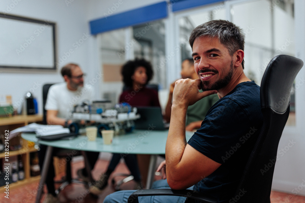 Naklejka premium Robotics engineers developing innovative automated machine in office