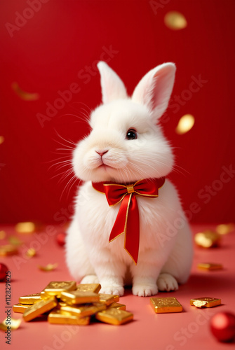 Celebratory Bunny with Chocolate Coins for New Year 2025 photo