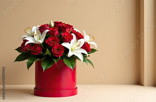 Romantic bouquet of white lilies and red roses in a red box on a plain background. Space for text. Ideal for advertising flower shop delivery, congratulations