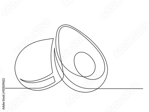 Continuous one line several halves of avocado isolated on white background. Simple silhouette of fruit. Hand drawn outline of avocado. Vector illustration