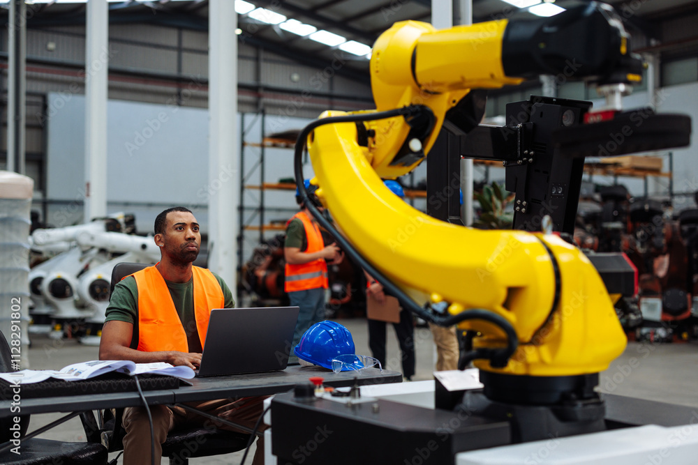 Fototapeta premium Engineer programming robotic arm in factory using laptop