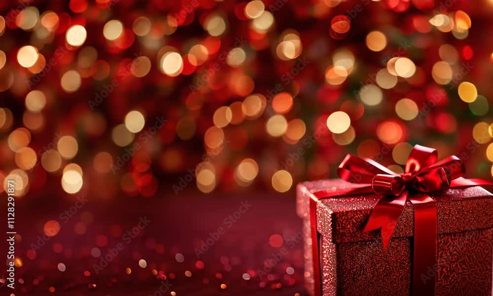 Coffret cadeau rouge scintillant avec un nœud en ruban, arrière-plan flou bokeh illuminé par des lumières rouges et dorées, ambiance chaleureuse et festive pour Noël ou célébrations de fin d'année. Coffret cadeau rouge scintillant avec un nœud en ruban, arrière-plan flou bokeh illuminé par des lumières rouges et dorées, ambiance chaleureuse et festive pour Noël ou célébrations de fin d'année.