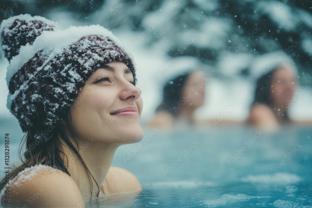 Obraz premium Woman relaxing in hot spring in snowing winter 