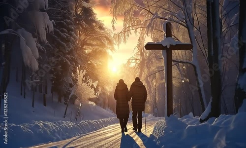 Couple marchant sur une route enneigée au coucher du soleil, ombres longues sous un calvaire chrétien, ambiance paisible et spirituelle, hiver, lumière dorée et présence de flare.