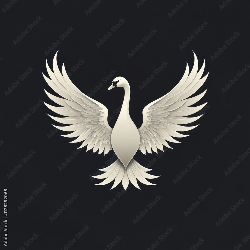 Obraz premium Elegant white swan with spread wings on dark background.